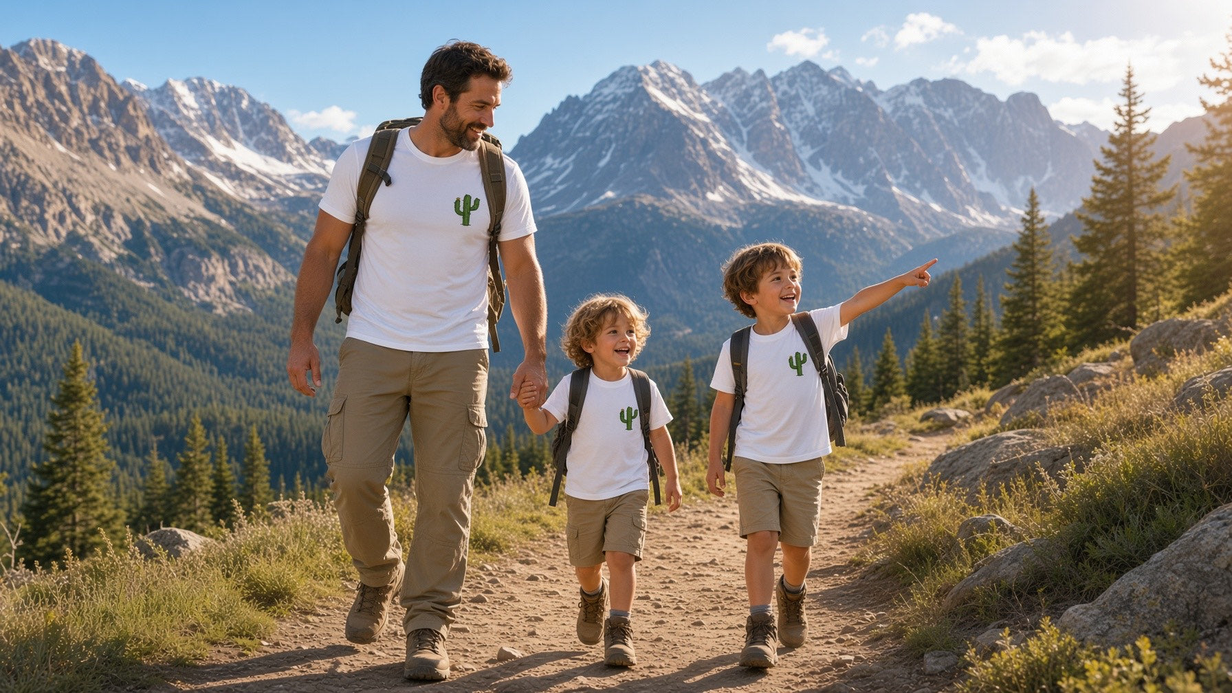 A dad and two kids hiking up a mountain trail in matching cactus shirts.
